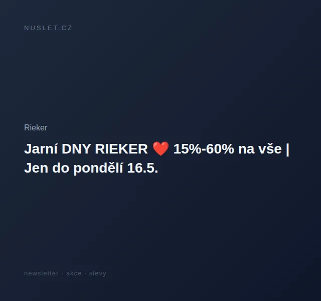 Rieker: Jarní slevy 15-60 % na vše – červen 2026 | Nuslet.cz