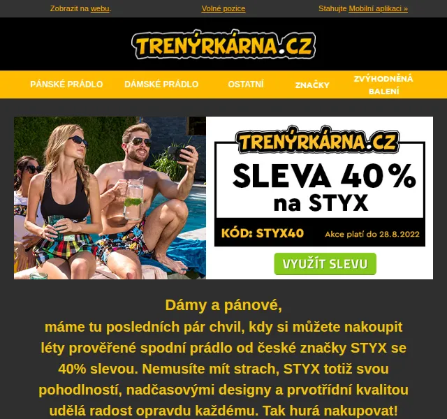 Lukáš z Trenýrkárna.cz: 40% sleva na STYX – srpen 2026 | Nuslet.cz