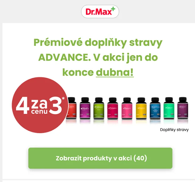 Dr.Max: Akce 4 za 3 na ADVANCE doplňky – duben 2026 | Nuslet.cz