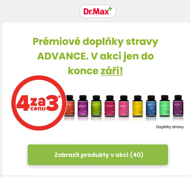 Dr.Max: Akce 4 za 3 na ADVANCE doplňky stravy – září 2026 | Nuslet.cz