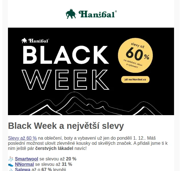 Hanibal: Black Week slevy až 60 % na oblečení a vybavení – červenec 2026 | Nuslet.cz