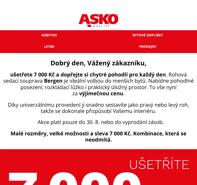 Asko Nábytek: Rohová sedačka Bergen se slevou 7 000 Kč – srpen 2026