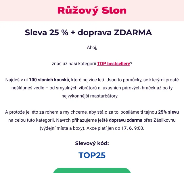 Růžový Slon: 25 % sleva + doprava zdarma – červen 2026