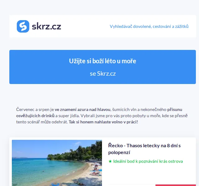 Skrz: dovolená u moře Červenec-Srpen 2026 – ceny od 7 246 Kč | Nuslet.cz