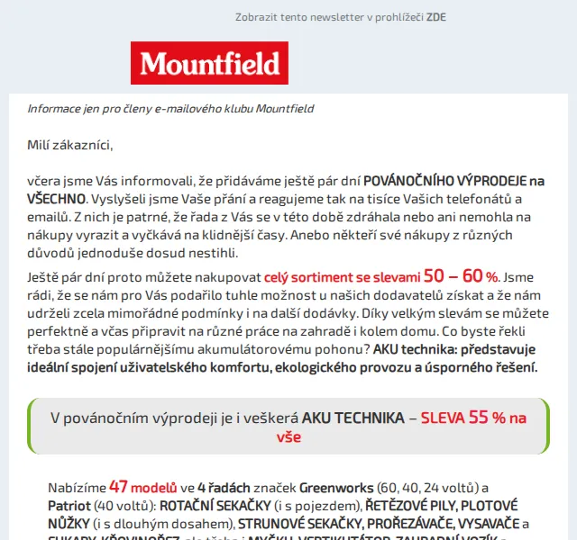 Mountfield: Sleva 55 % na AKU techniku – červen 2026 | Nuslet.cz
