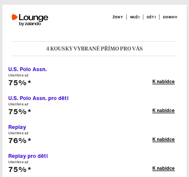 Lounge by Zalando: U.S. Polo, Replay, ASICS – sleva až 75 % | duben 2026