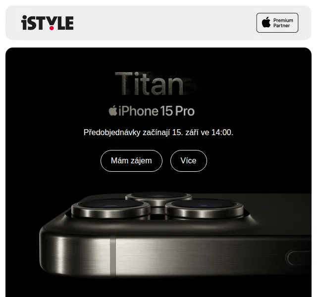 iSTYLE: iPhone 15 Pro předobjednávky od 15. září – červen 2026 | Nuslet.cz