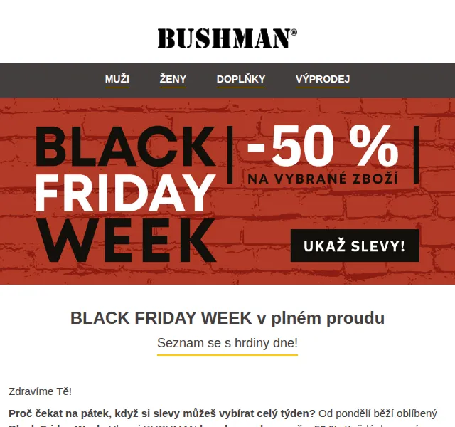 BUSHMAN: Black Friday Week se slevou až 50 % – červen 2026 | Nuslet.cz