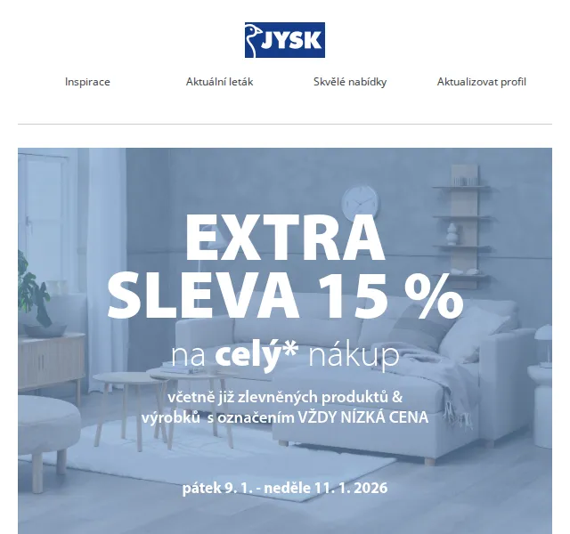 JYSK: Extra sleva 15 % na nábytek a bytový textil – duben 2026