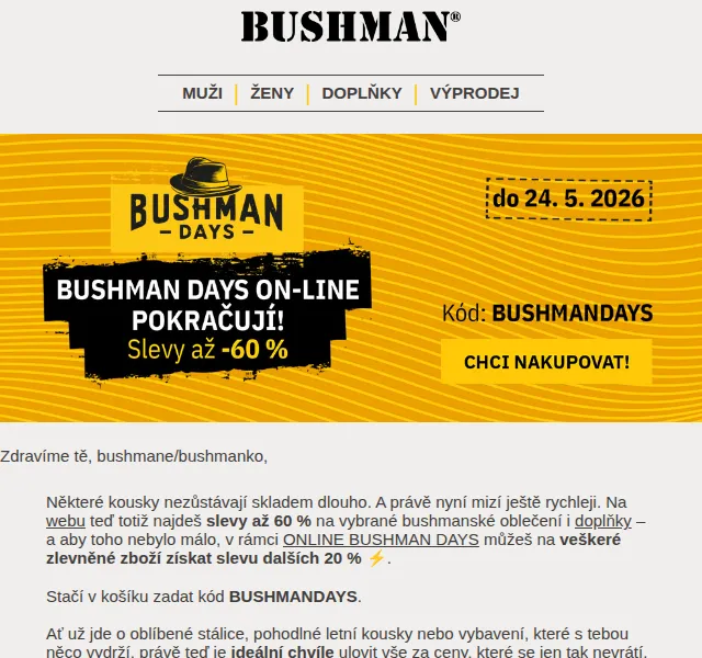 BUSHMAN: Slevy až 60 % + 20 % navíc – květen 2026