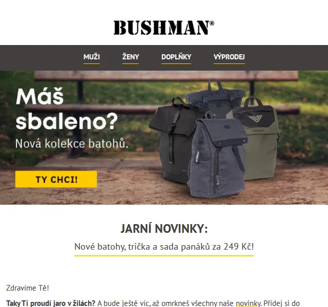 BUSHMAN: Nové batohy a sada panáků za 249 Kč – červen 2026 | Nuslet.cz
