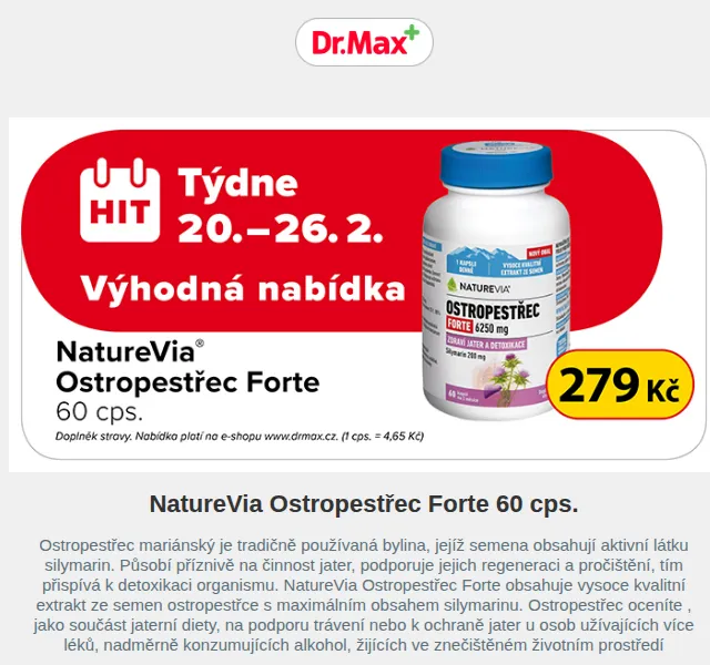 Dr.Max: NatureVia Ostropestřec Forte 60 cps. za 279 Kč – červen 2026 | Nuslet.cz