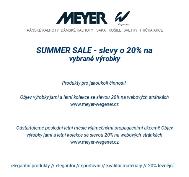 Meyer Wegener: Summer Sale 20 % na letní kolekci – červenec 2026 | Nuslet.cz