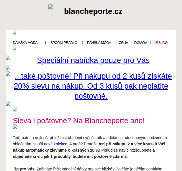 Blancheporte: 20% sleva na 2+ kousky a poštovné zdarma při 3+ – červenec 2026 | Nuslet.cz