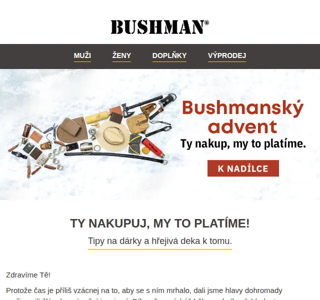 BUSHMAN: Vánoční výprodej – dárky + deka zdarma k nákupu nad 3000 Kč – prosinec 2026 | Nuslet.cz