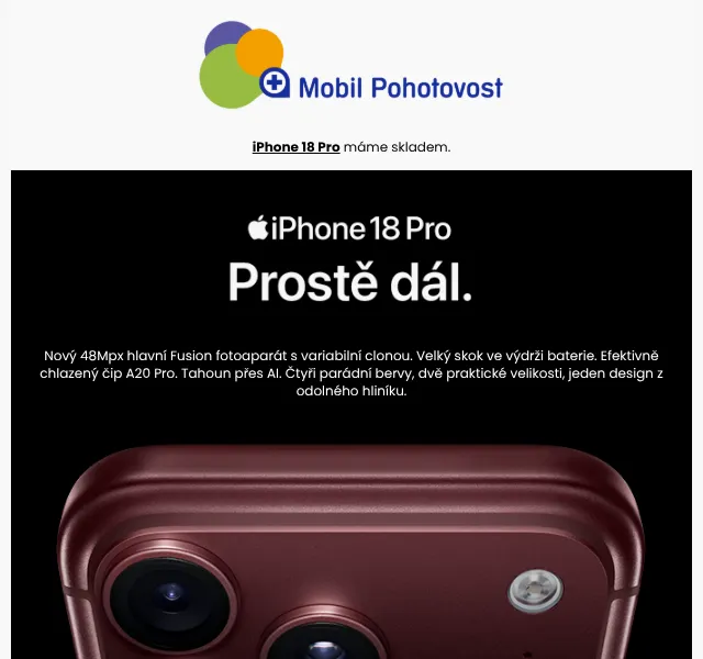 Mobil Pohotovost: iPhone 18 Pro skladem – září 2026