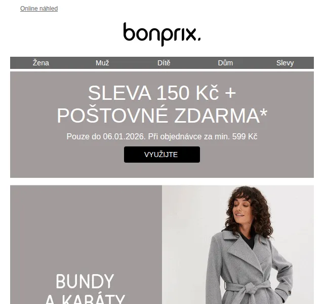 Bonprix: Sleva 150 Kč na bundy a kabáty – duben 2026