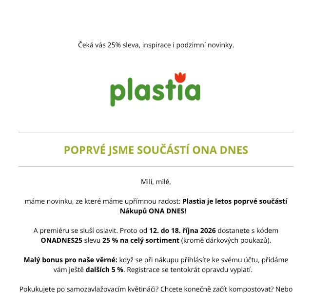 Plastia: 25% sleva slevový kód ONADNES25 – říjen 2026