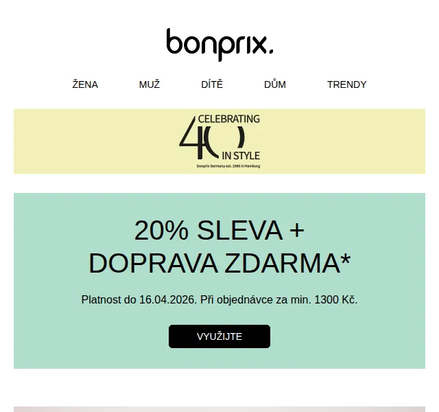Bonprix: 20 % sleva + doprava zdarma – duben 2026