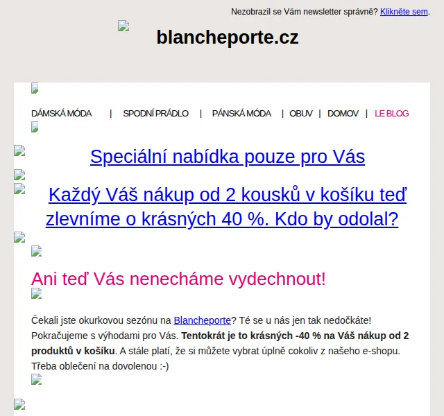 Blancheporte: Sleva 40 % na nákup od 2 kusů – červen 2026 | Nuslet.cz