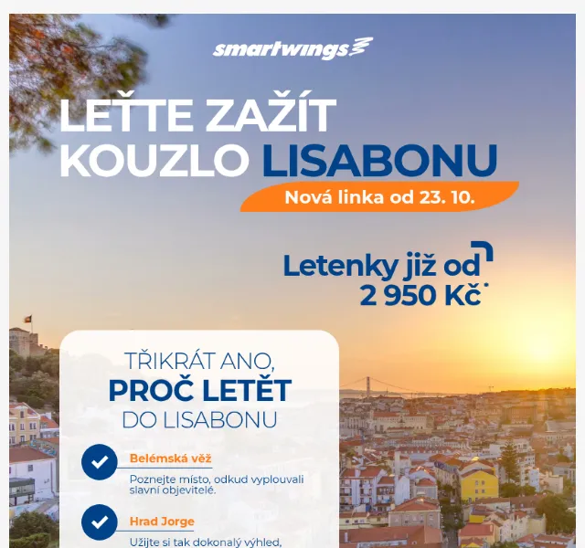 Smartwings: Letenky do Lisabonu od 2 950 Kč – červen 2026