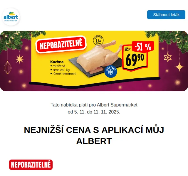 Albert: Trvanlivé mléko 11,90 Kč, vepřová pečeně 89,90 Kč – listopad 2025 | Nuslet.cz