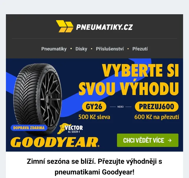 Pneumatiky.cz: Goodyear až 600 Kč – září 2026