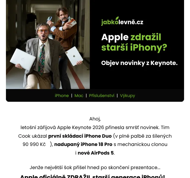 JabkoLevně: iPhone zdražují, u nás levněji – září 2026
