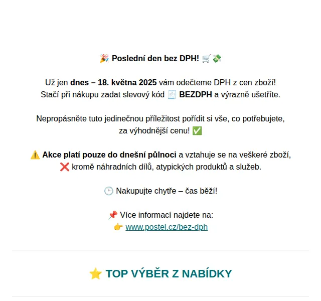 Postel.cz: Poslední den bez DPH (úspora 21 %) – květen 2025 | Nuslet.cz