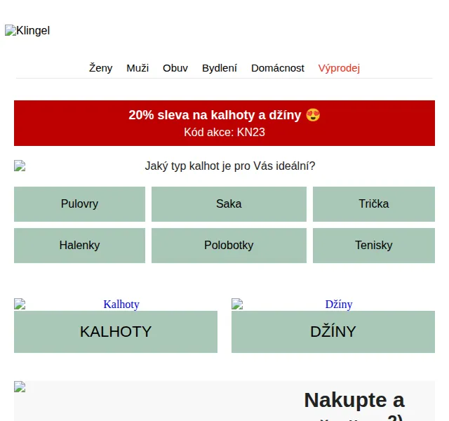 KLiNGEL: 20% sleva na kalhoty a džíny – červenec 2026 | Nuslet.cz