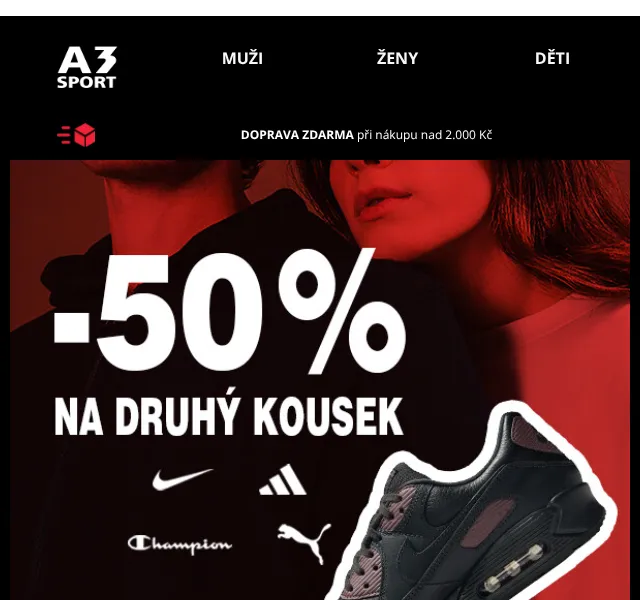 A3SPORT.CZ: -50 % na druhý kus Nike, Adidas, Puma – květen 2026