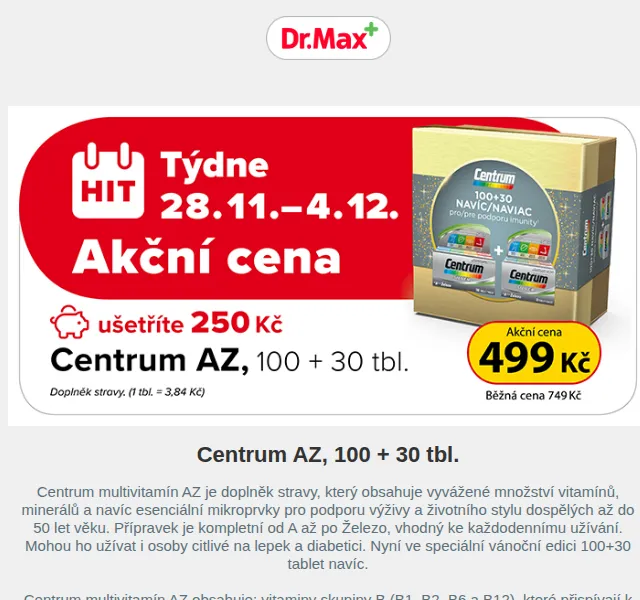 Dr.Max: Centrum AZ 100+30 za 3,84 Kč/tbl – červen 2026 | Nuslet.cz