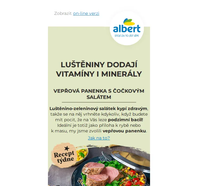 Albert: Luštěniny a Vepřová panenka s čočkovým salátem – říjen 2026 | Nuslet.cz