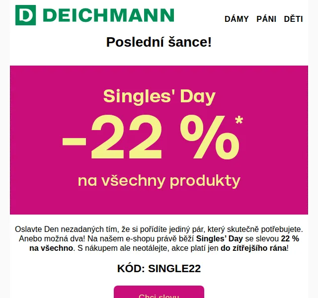 DEICHMANN: Sleva 22 % na vše – Singles' Day – červen 2026 | Nuslet.cz