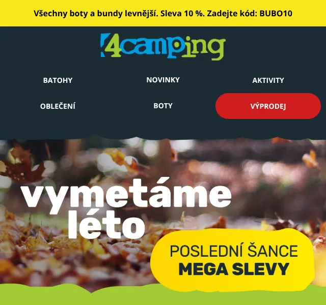 4camping.cz: Letní výprodej – slevy až 65 %, kód BUBO10