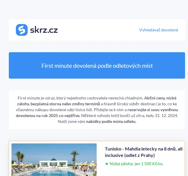 Skrz: First minute zájezdy 2025 – slevy až 37 % na dovolenou | Nuslet.cz