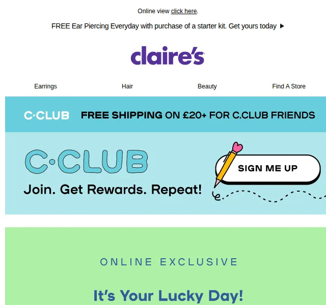 Claire's: Dárek zdarma při nákupu za 25+ £ – červen 2026 | Nuslet.cz