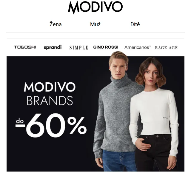 Modivo: BLACK WEEK slevy do -60 % na značky Rage Age, Simple, Sprandi – červen 2026 | Nuslet.cz