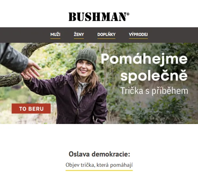 BUSHMAN: trička Demokracie a nové čepice – červen 2026 | Nuslet.cz