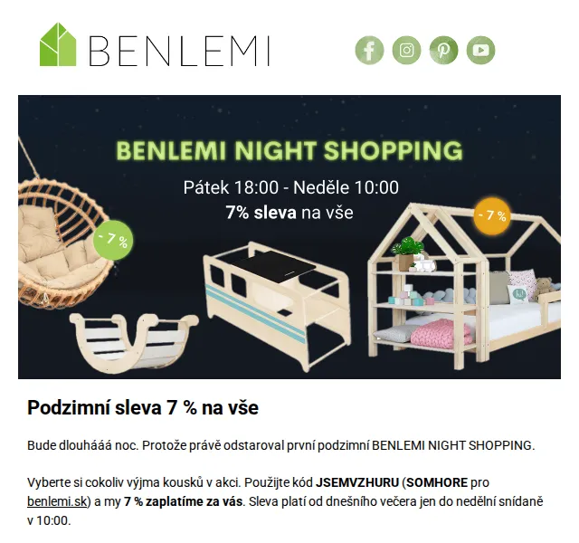 Benlemi: Night Shopping – 7 % na vše – červen 2026 | Nuslet.cz