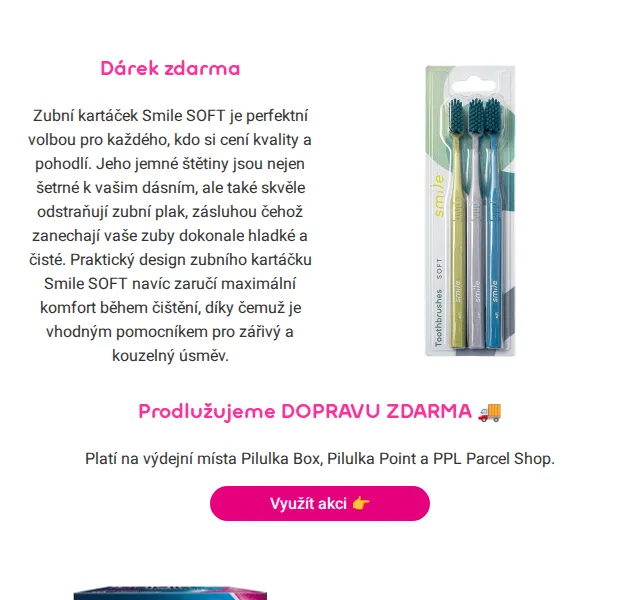 Pilulka.cz: Smile kartáčky zdarma + doprava zdarma – červen 2026 | Nuslet.cz
