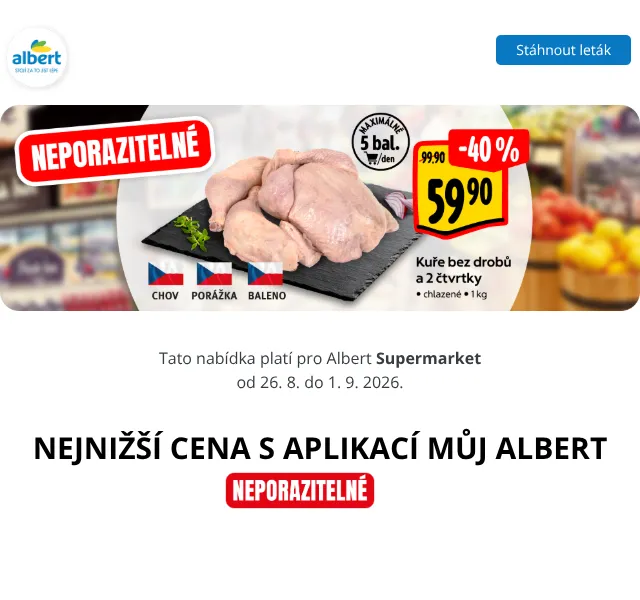 Albert: Kuře 59,90 Kč/kg, Birell 18,90 Kč – září 2026
