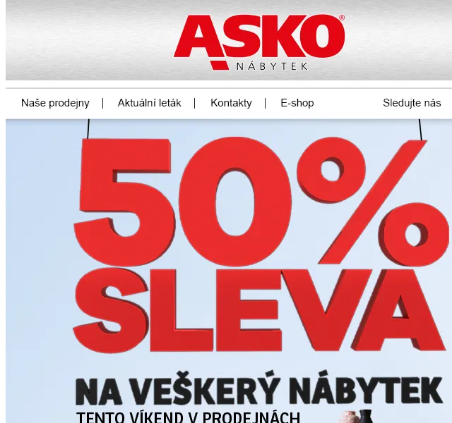 Asko Nábytek: sleva 50 % na vše – červen 2026 | Nuslet.cz