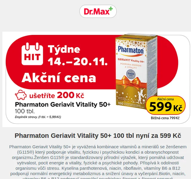 Dr.Max E-shop: Pharmaton Geriavit Vitality 50+ za 599 Kč – červen 2026 | Nuslet.cz