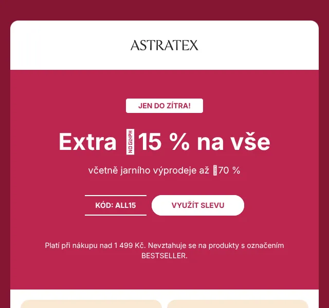 Astratex.cz: Extra −15 % na vše – duben 2026 | Nuslet.cz