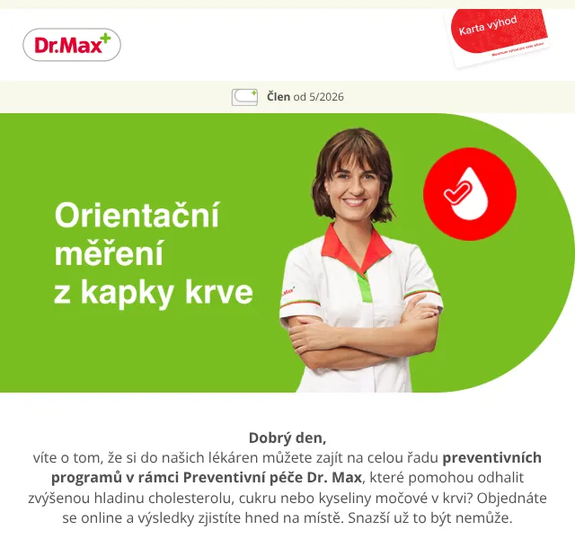 Dr.Max E-shop: Preventivní péče – screening cholesterolu – srpen 2026