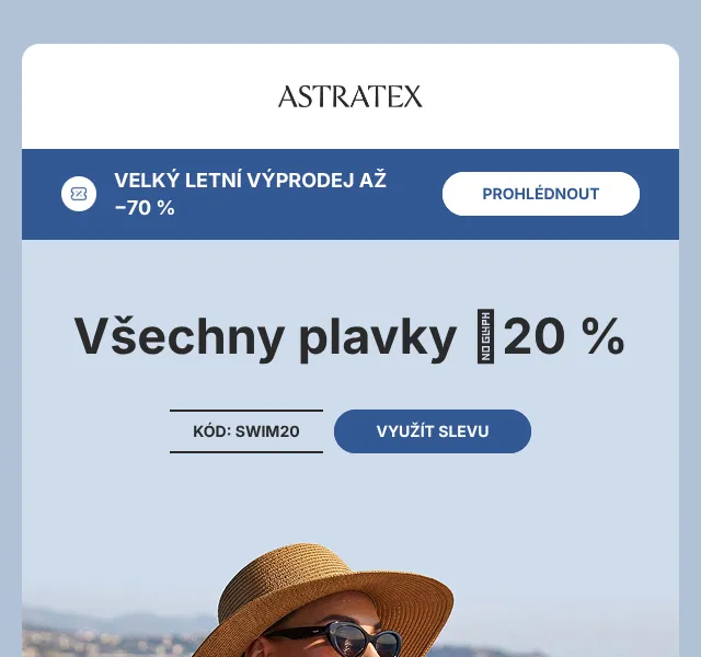 Astratex.cz: Plavky −20 %, výprodej −70 % | Červenec 2026