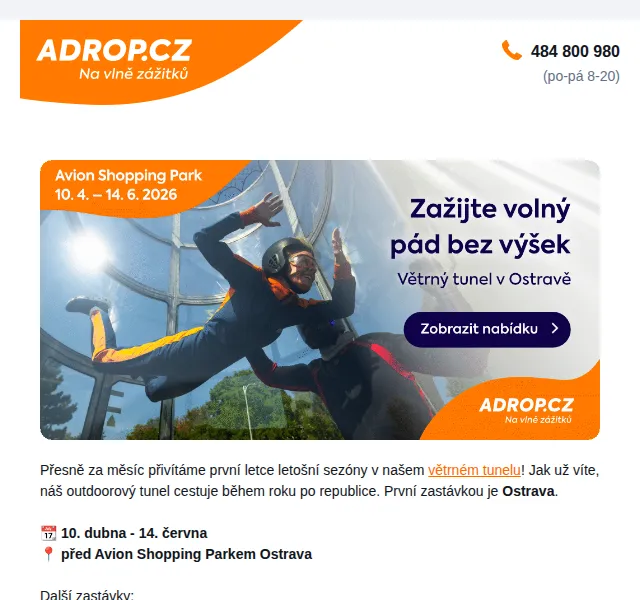 Adrop: Let větrným tunelem od 1 299 Kč – červen 2026 | Nuslet.cz