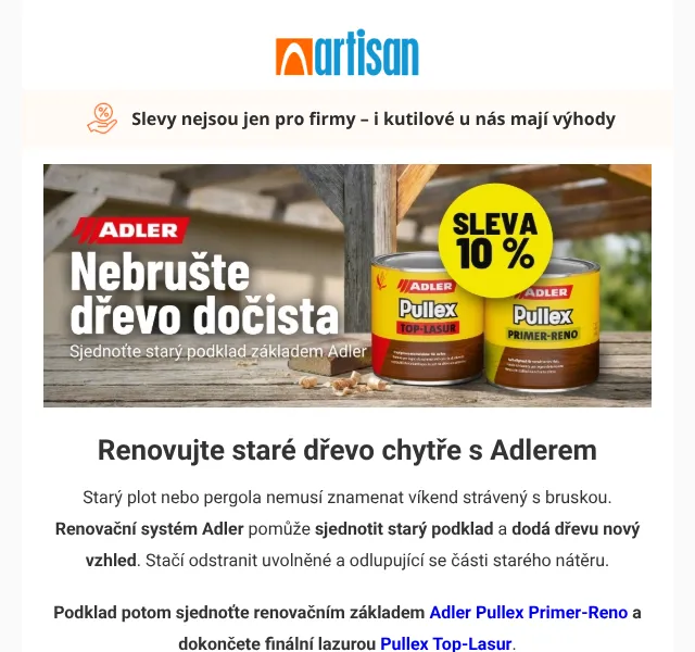 Artisan.cz: Adler sleva 10 % na renovaci dřeva – červen 2026