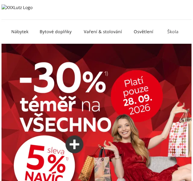 XXXLutz: sleva 30 % + 5 % na nábytek – září 2026